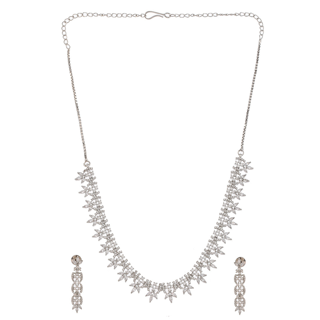 Cz Elegance Silver Plated Brass Made Leafy Necklace And Earrings