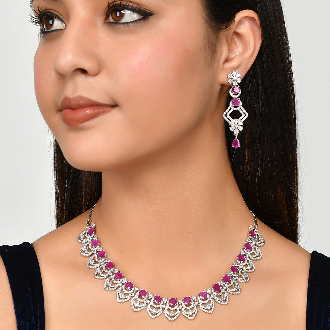 Cz Elegance Purple Stone Silver Necklace Set – VOYLLA