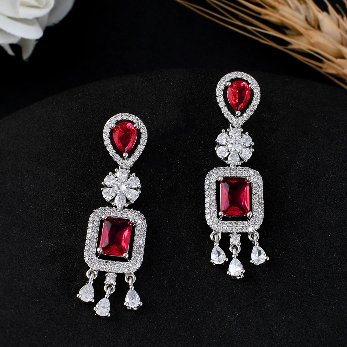 Buy Voylla Valentines Day Sterling Silver Cz Leaf Drop Earrings Online