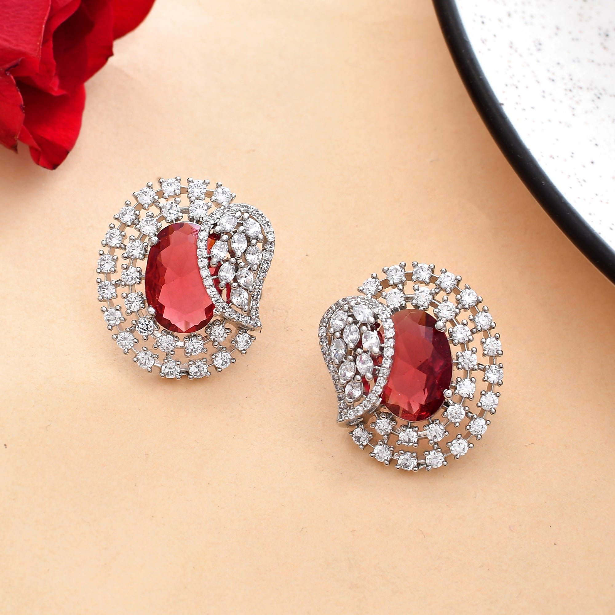 Sparkling Elegance Red Leaf Shaped Cz Studded Earrings
