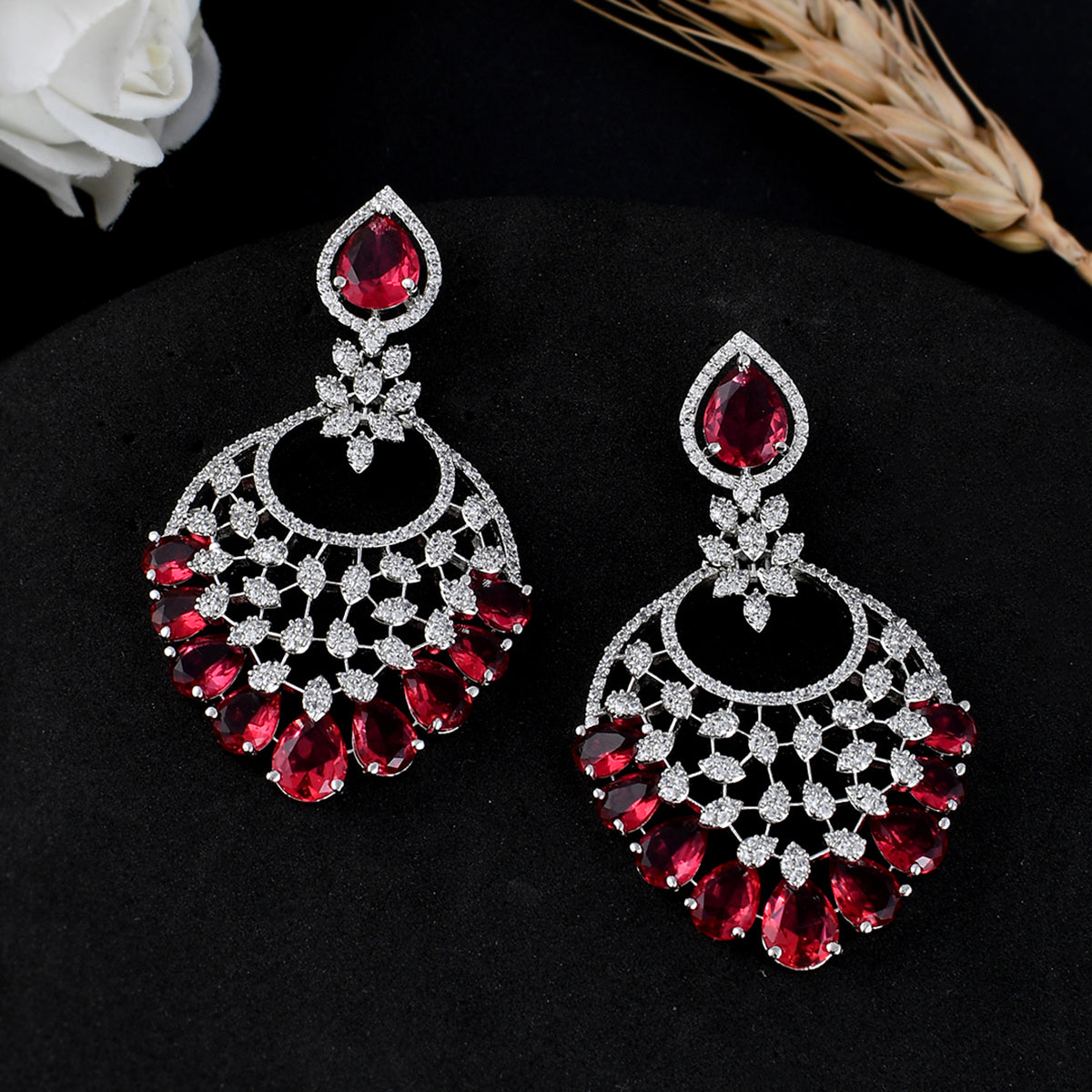 Sparkling Elegance Red Cz Studded Statement Earrings – VOYLLA