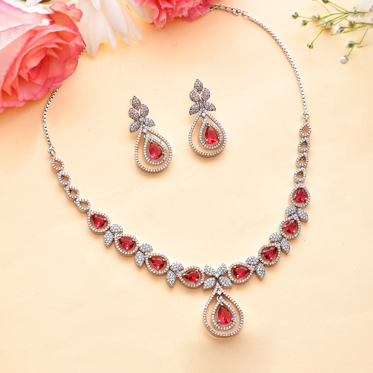 Sparkling Elegance Pink and White Teardrop Cut CZ Jewellery Set