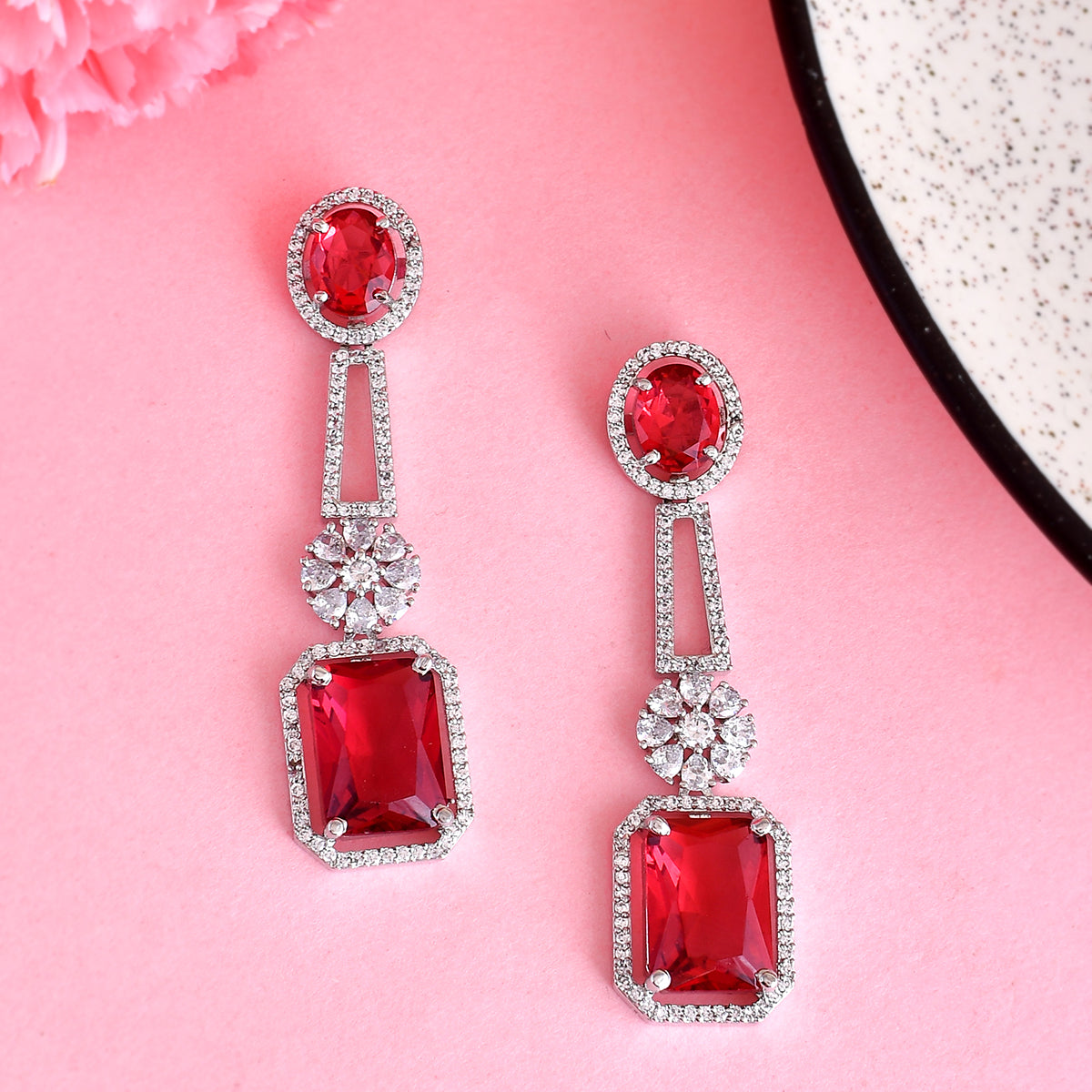 Sparkling Elegance Rectangle Cut Red CZ Dangler Earrings