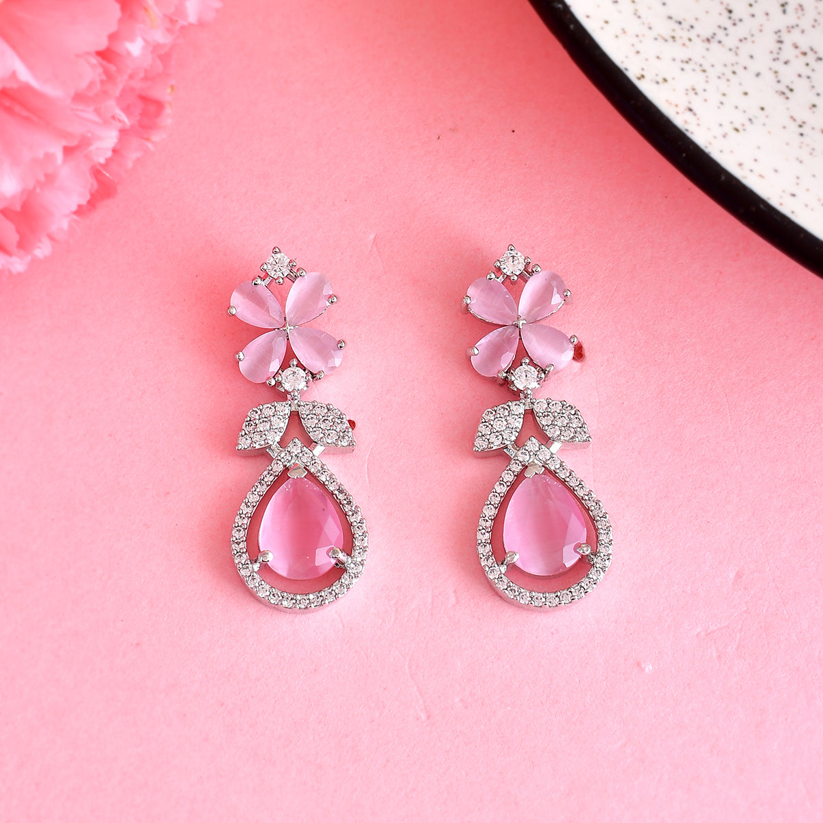 Sparkling Elegance Pale Pink Teardrop Cut CZ Dangler Earrings – VOYLLA