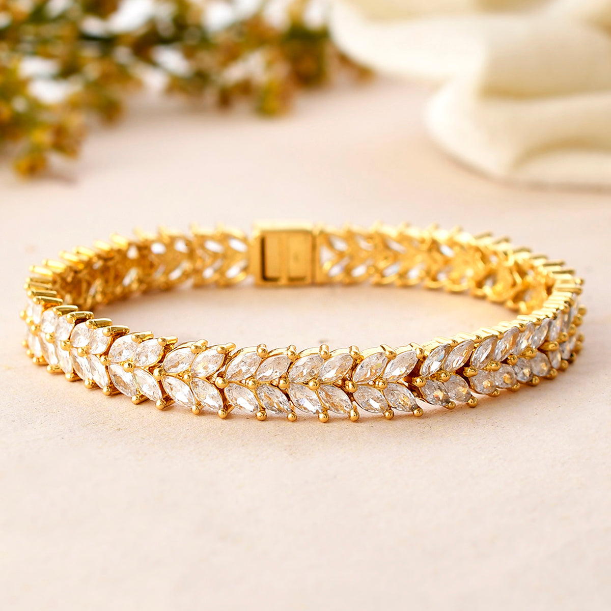 American Diamond Leaf Shaped Rose Gold Plated Bracelet – Priyaasi