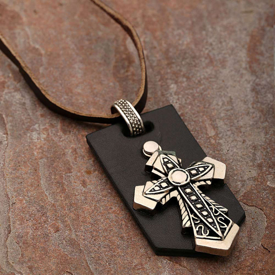 Cross Designer Pendant With Brown Leather Chain – VOYLLA