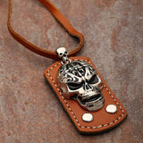 Oxidized Silver Skull Design Pendant With Leather Chain