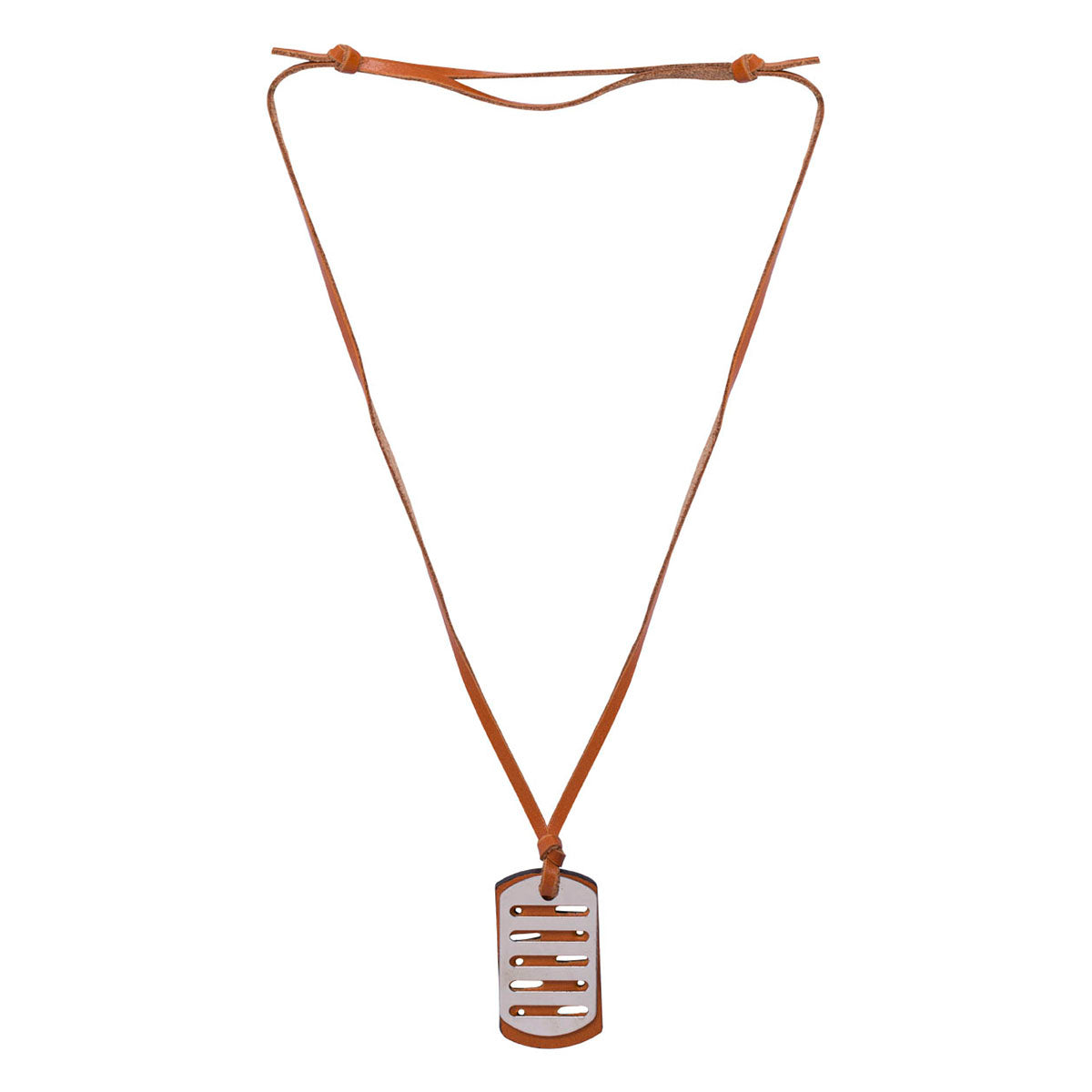 Bar Detailing Pendant With Brown Leather Chain For Men