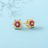 Floral Motif Red CZ Stud Earrings