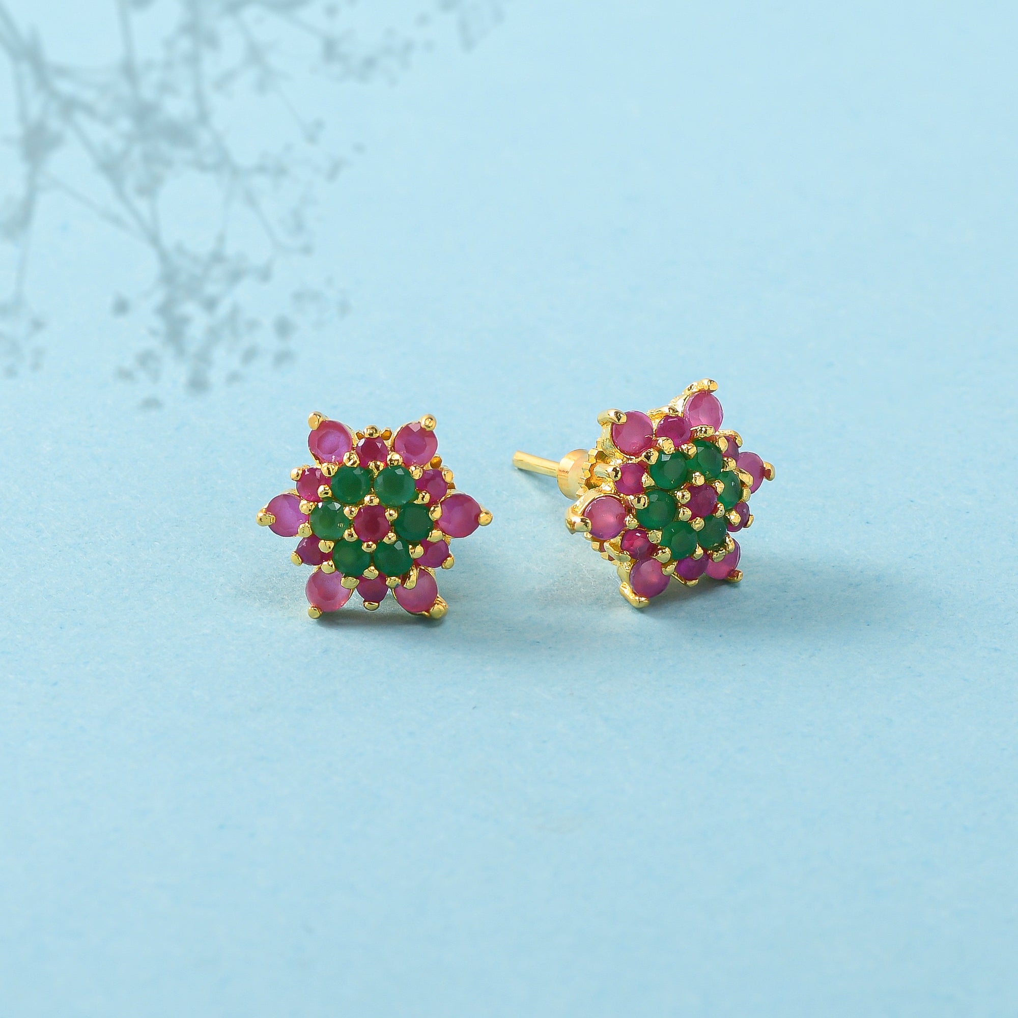 Green and Pink Round Cut CZ Stud Earrings