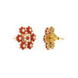 Red CZ Floral Pearl Beaded Bunch Stud Earrings