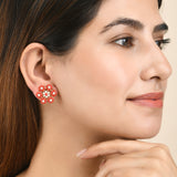 Red CZ Floral Pearl Beaded Bunch Stud Earrings
