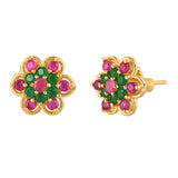 Floral Pink and Green CZ Stud Earrings