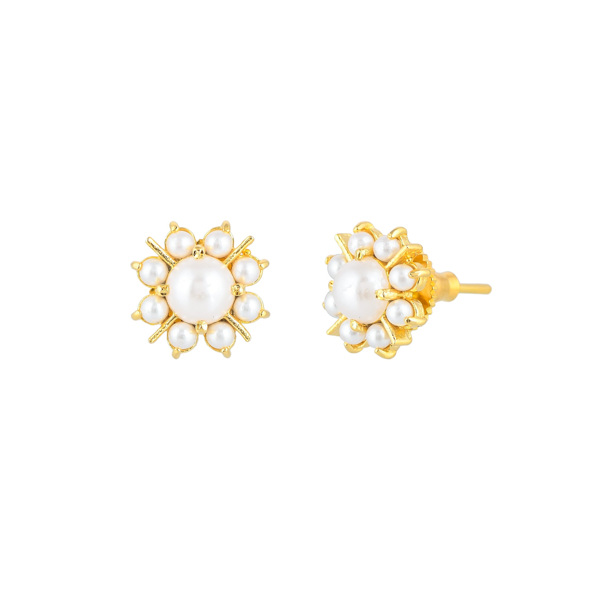 White Pearl Beads Gold Plated Stud Earrings