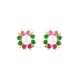 Round Cut Multicoloured CZ and White Pearl Stud Earrings
