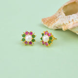 Round Cut Multicoloured CZ and White Pearl Stud Earrings
