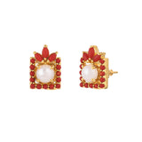 Pearl Bead And Red Cz Stud Earrings