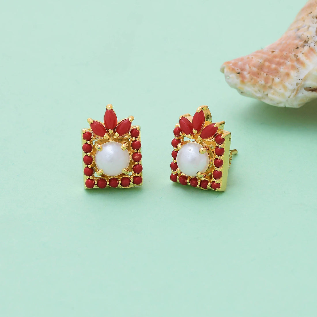 Pearl Bead And Red Cz Stud Earrings