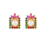 Coloured Cz And White Pearl Stud Earrings