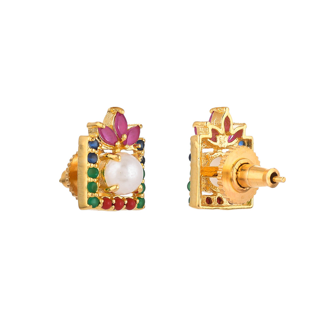 Coloured Cz And White Pearl Stud Earrings