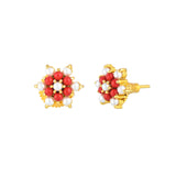 Tiny Round Cut Red CZ Gems and White Pearl Stud Earrings