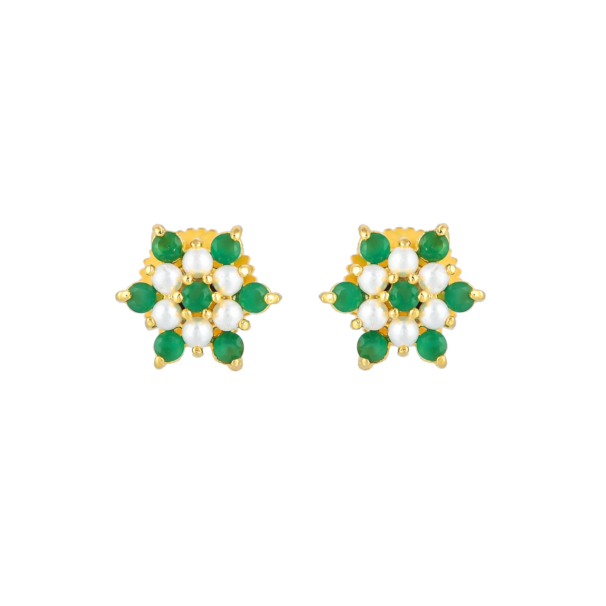 White and Green CZ Gems Floral Stud Earrings