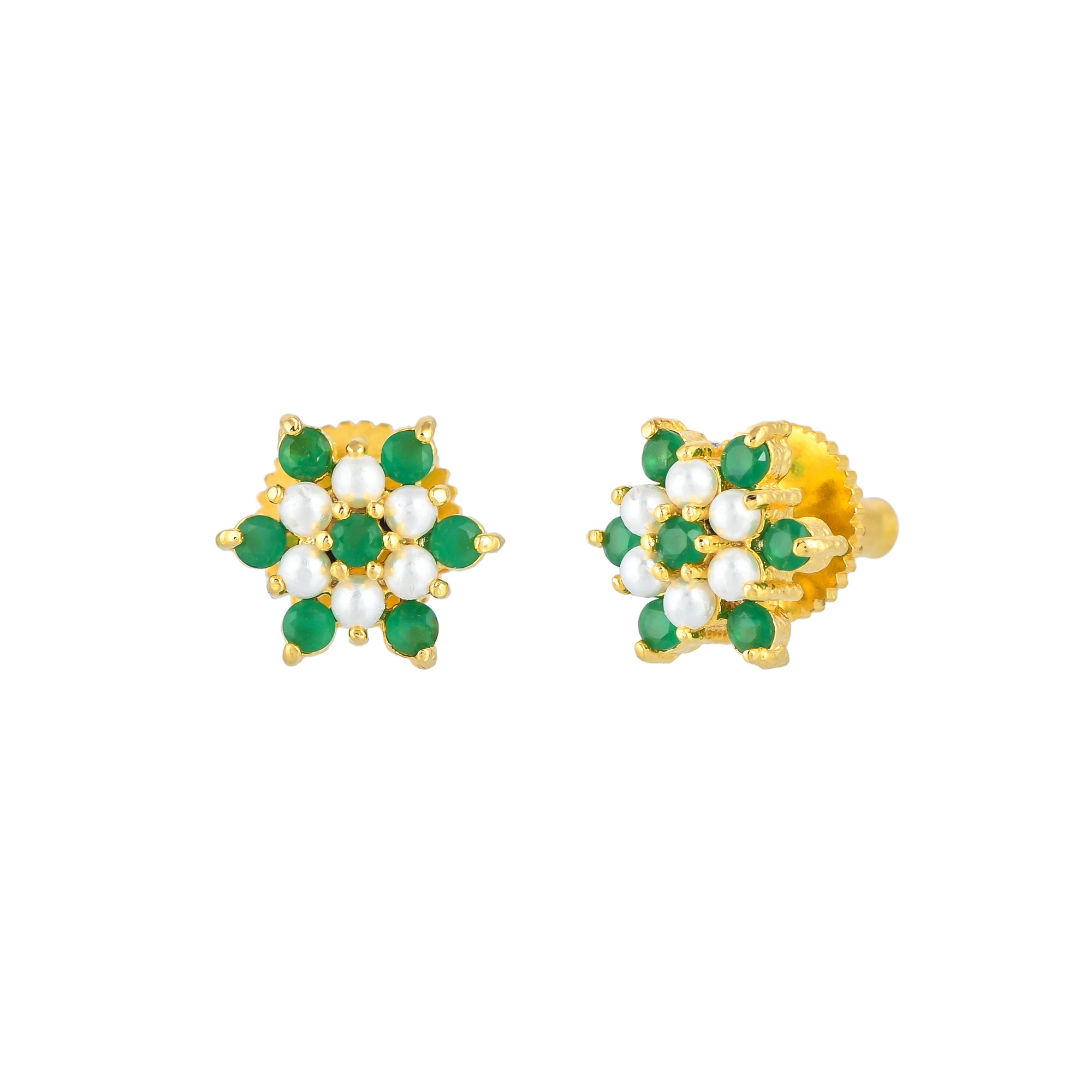White and Green CZ Gems Floral Stud Earrings