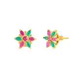 Gold Plated Green and Pink Floral Stud Earrings