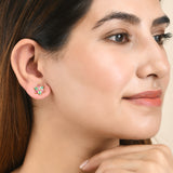 Gold Plated Green and Pink Floral Stud Earrings