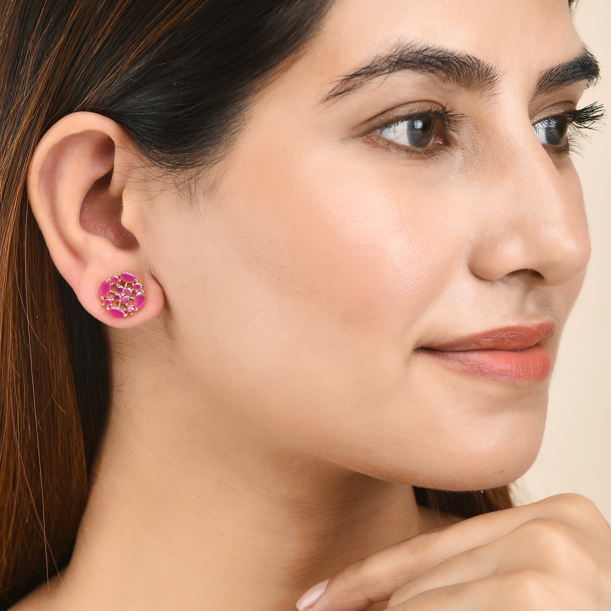 Pink Cluster Setting CZ Gold Plated Stud Earrings