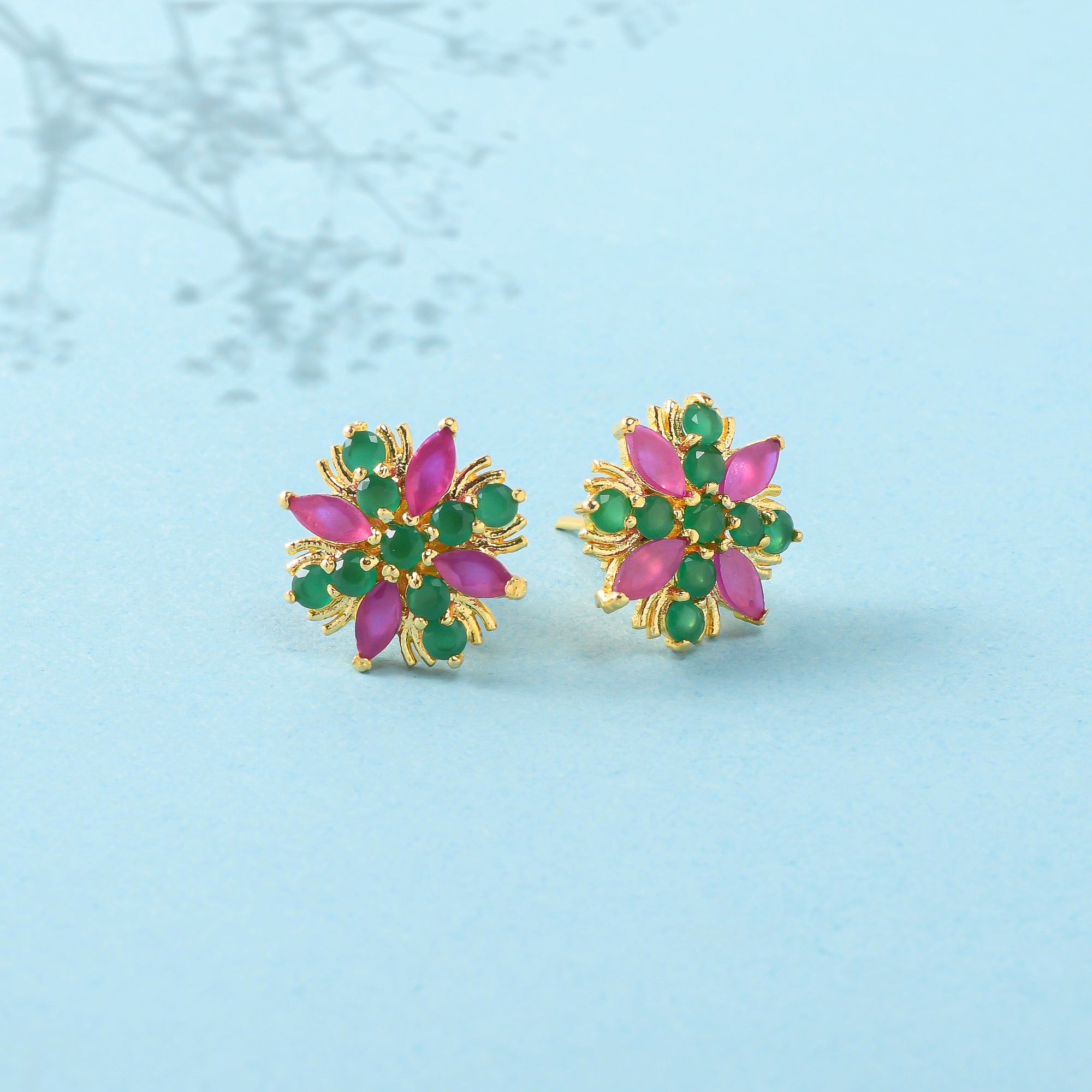 Green and Pink CZ Gemstones Tiny Stud Earrings