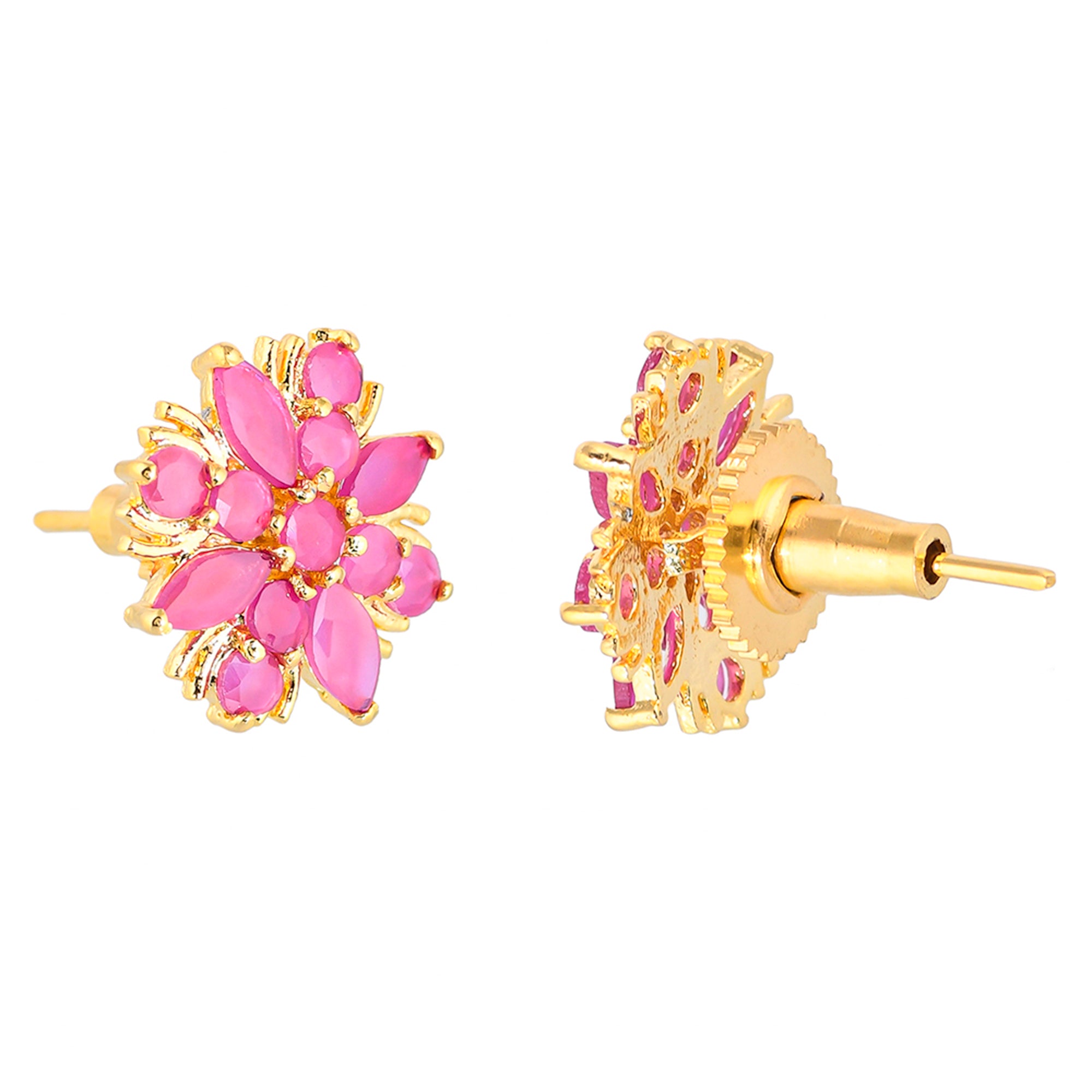 Pink Round and Marquise Cut CZ Floral Stud Earrings