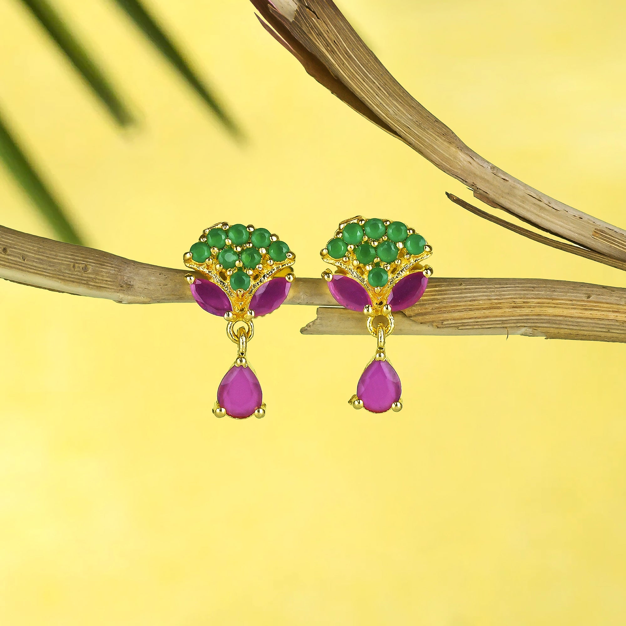 Cluster Setting Pink and Green CZ Tiny Drop Earrings
