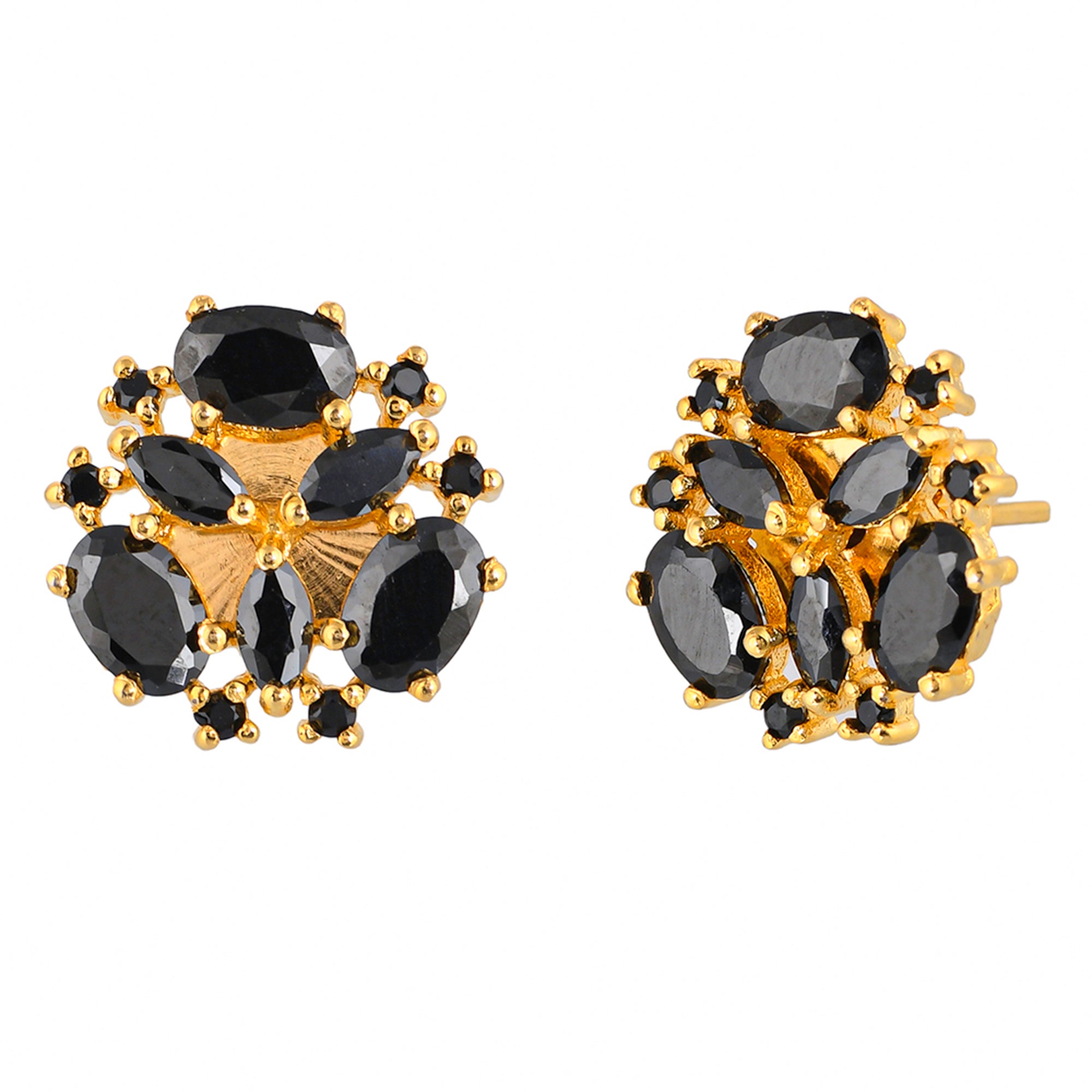 Gold Plated Marquise Cut Black CZ Stud Earrings