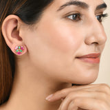 Pink and Green Zircons Gold Plated Stud Earrings
