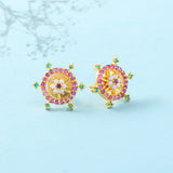 Pink and Green CZ Gems and Pearl Beads Stud Earrings