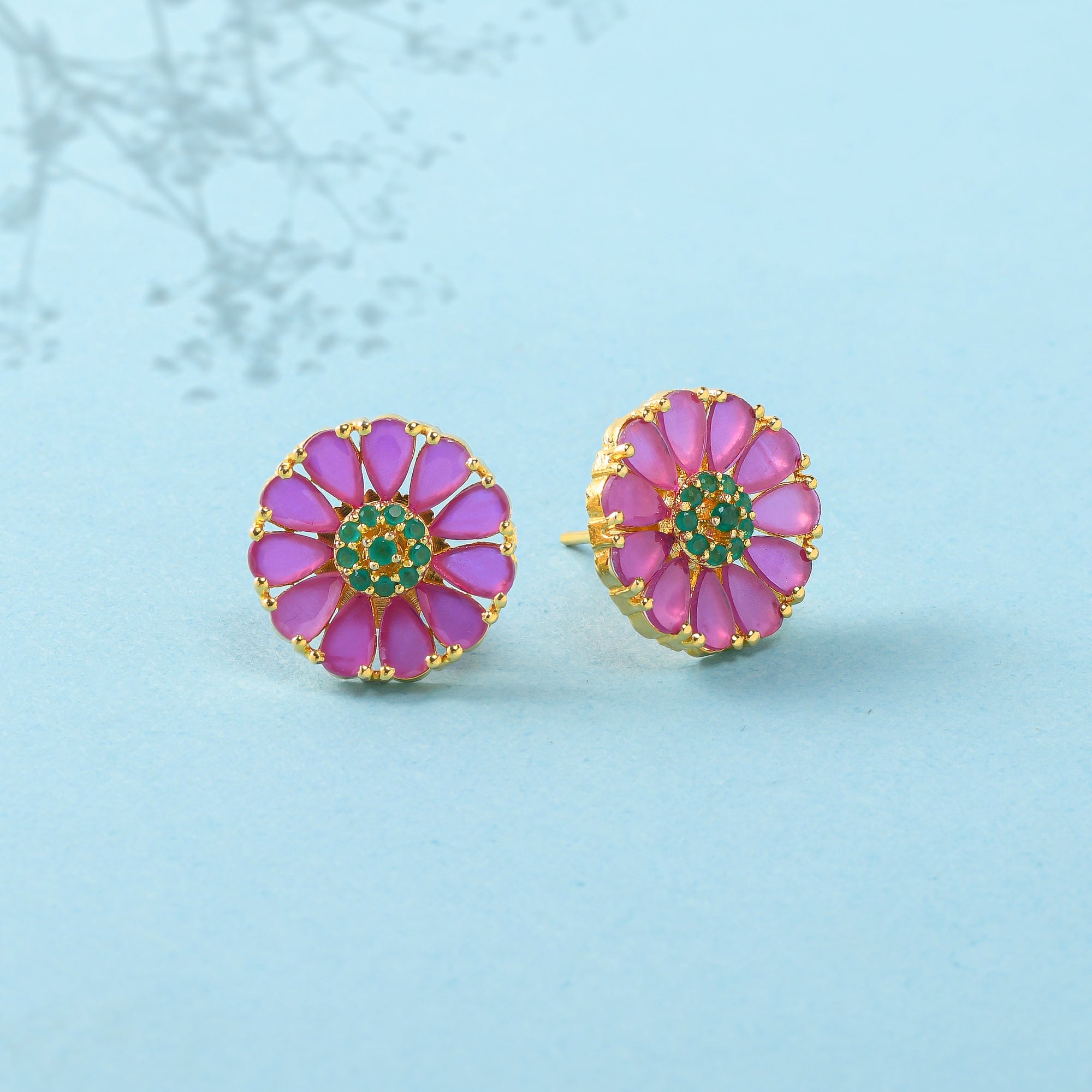 Green and Pink CZ Gems Stud Earrings