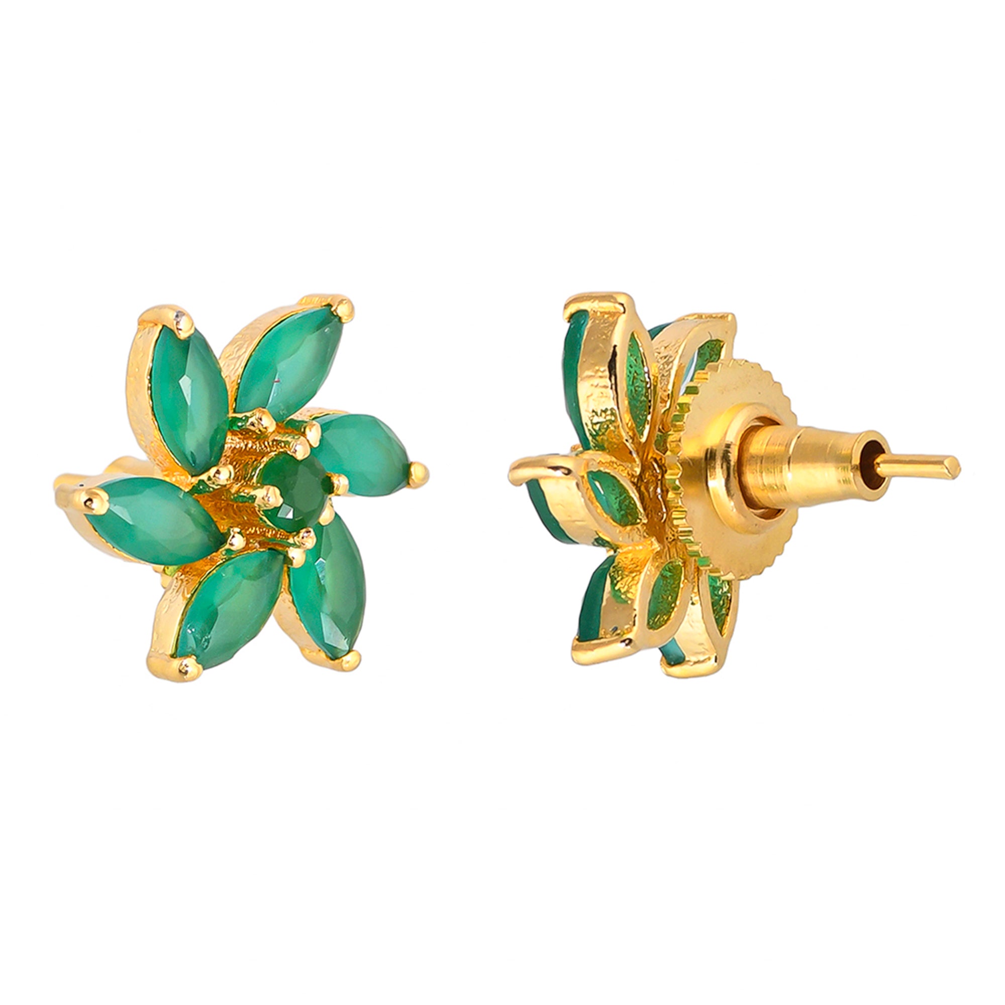 Green Marquise Cut CZ Floral Motif Stud Earrings