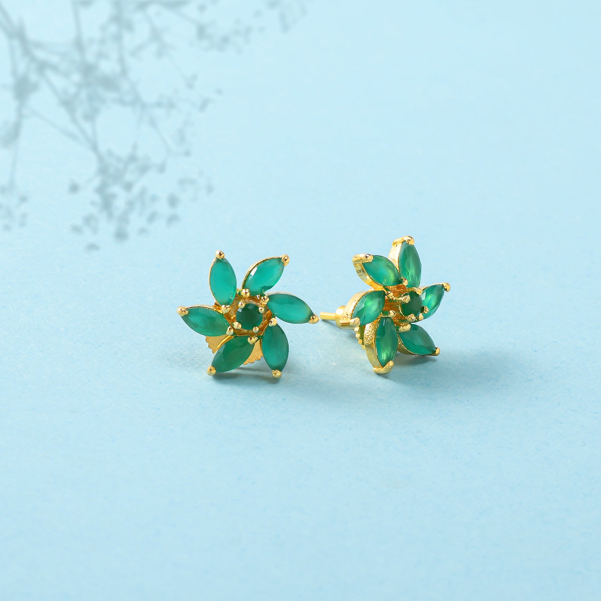 Green Marquise Cut CZ Floral Motif Stud Earrings