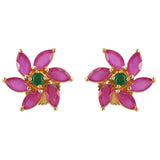 Marquise Cut Pink and Green CZ Floral Motif Stud Earrings