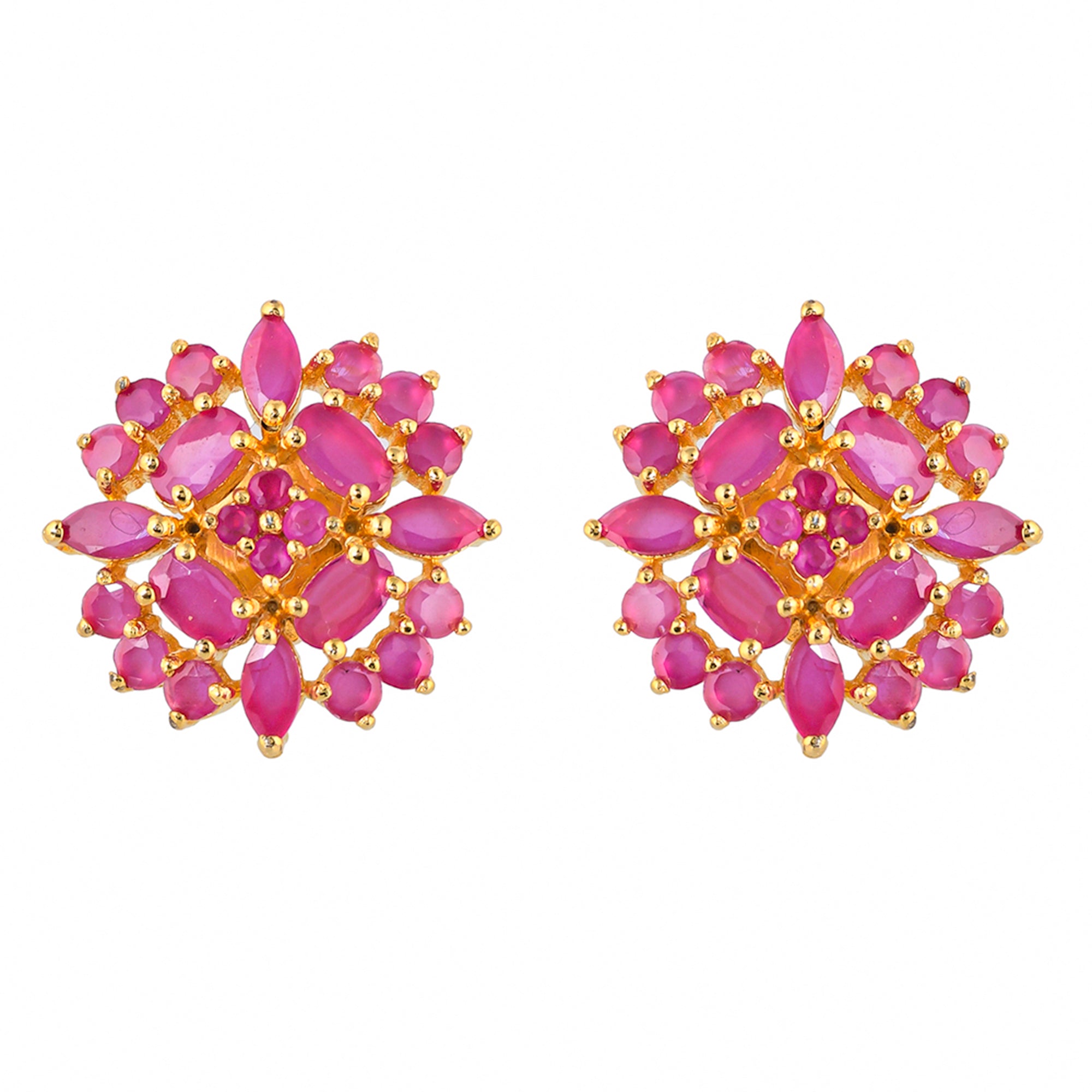 Cluster Setting Pink CZ Gems Stud Earrings