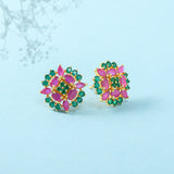 Cluster Setting Pink and Green CZ Gems Stud Earrings