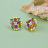 White Pearl Beaded Pink and Green CZ Stud Earrings
