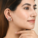 White Pearl Beaded Pink and Green CZ Stud Earrings