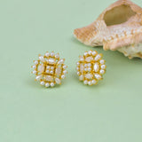 White Pearl Beaded Clear Zirconia Gems Stud Earrings