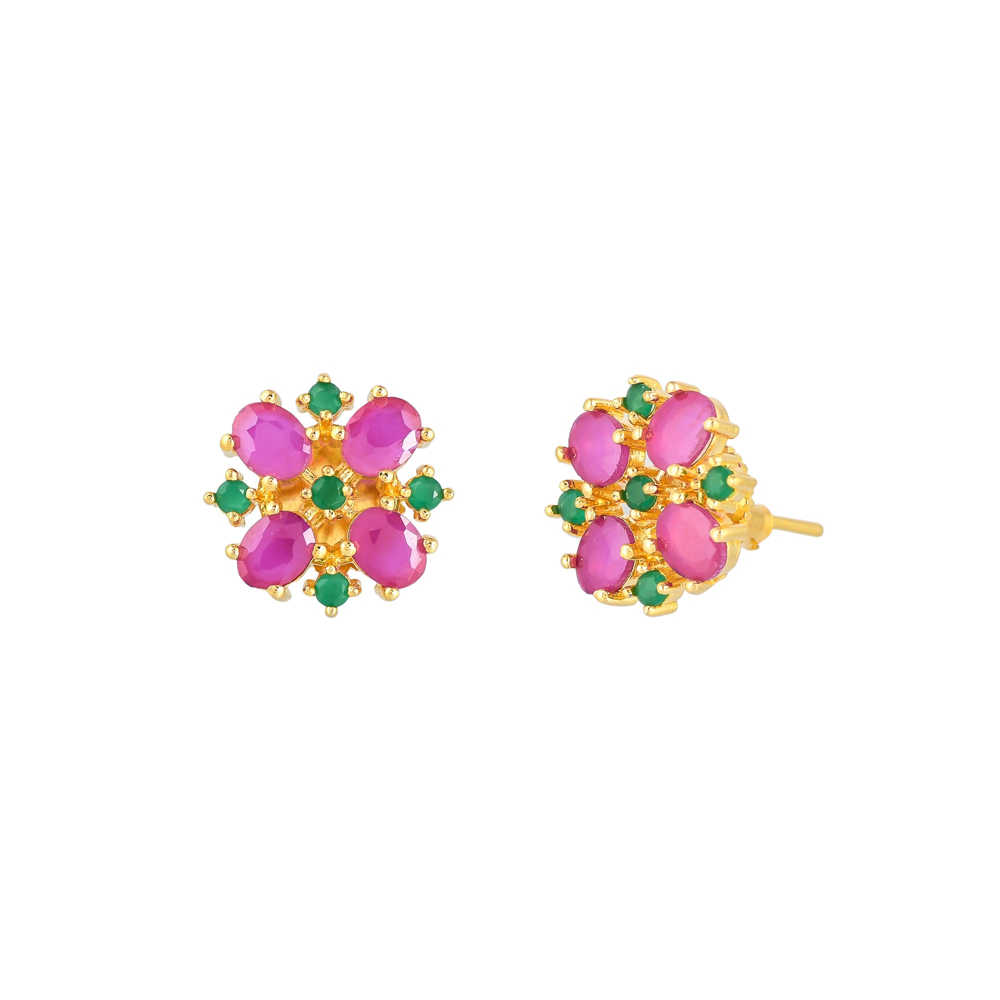 Gold Plated Green and Pink Cluster Setting CZ Stud Earrings