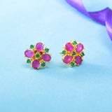 Gold Plated Green and Pink Cluster Setting CZ Stud Earrings