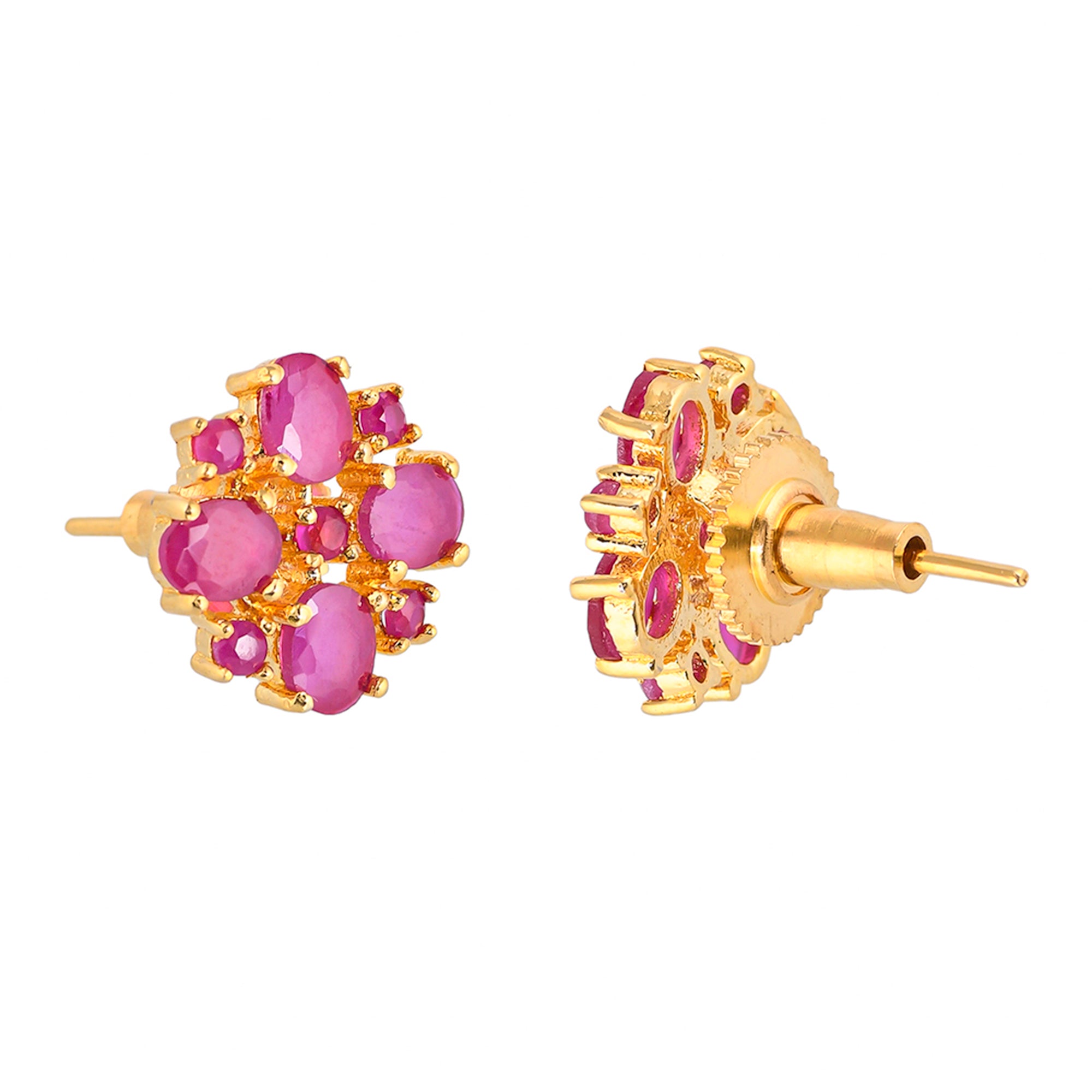 Gold Plated Pink Cluster Setting CZ Stud Earrings