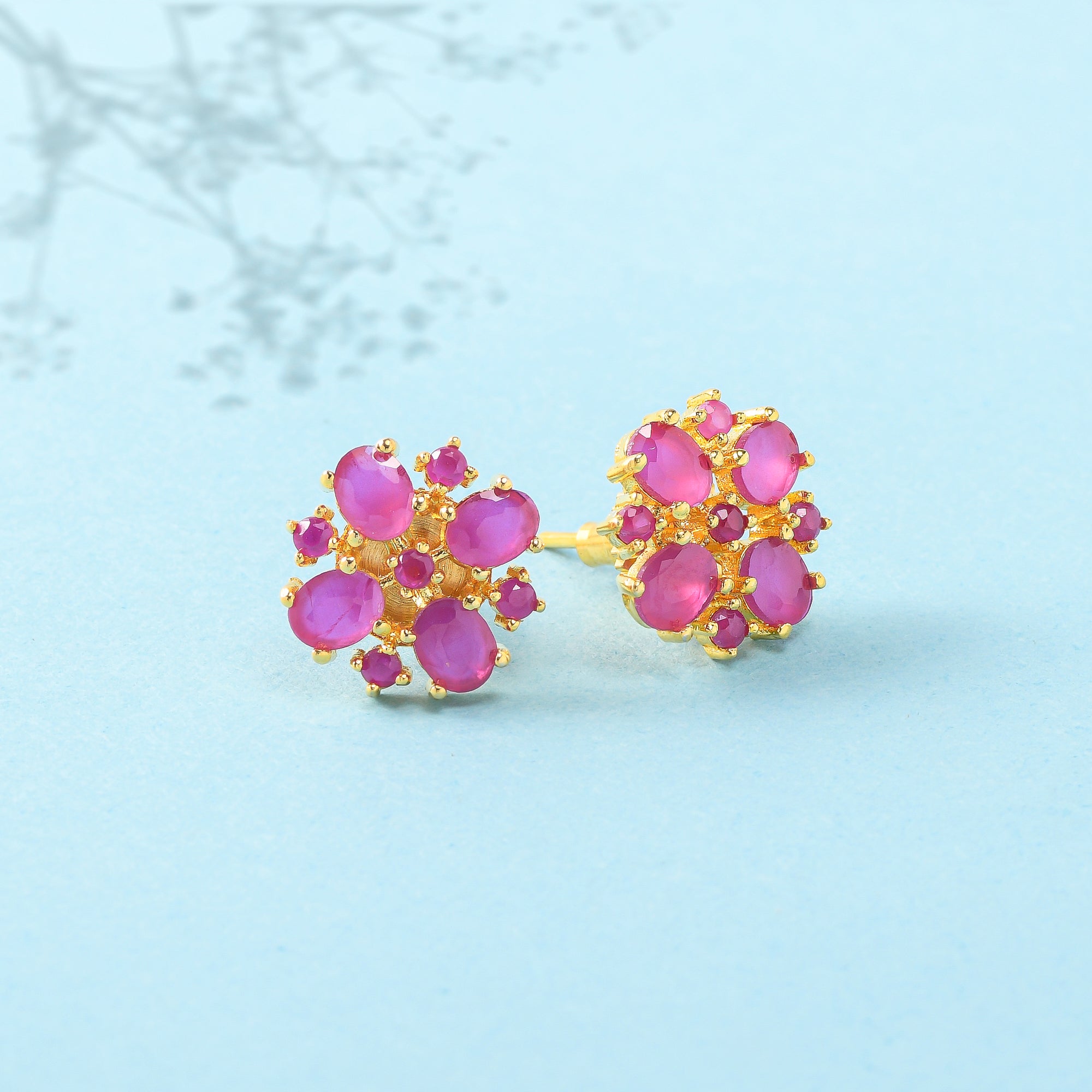 Gold Plated Pink Cluster Setting CZ Stud Earrings