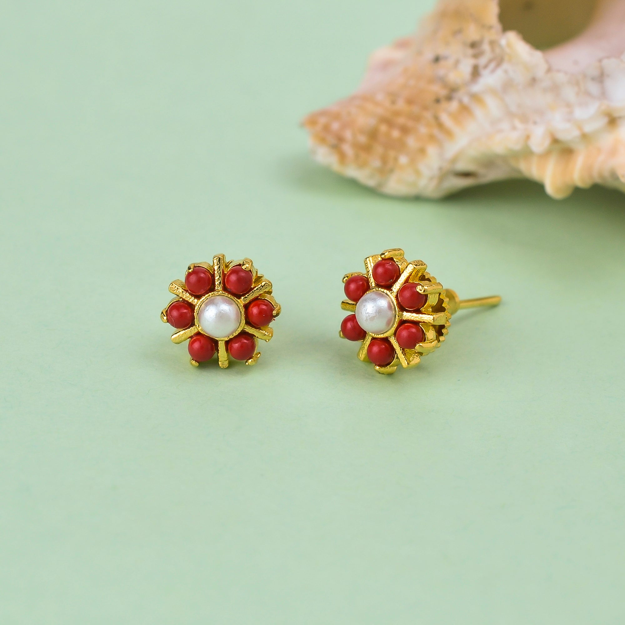 Gold Plated White and Red Pearl Beaded Stud Earrings – VOYLLA